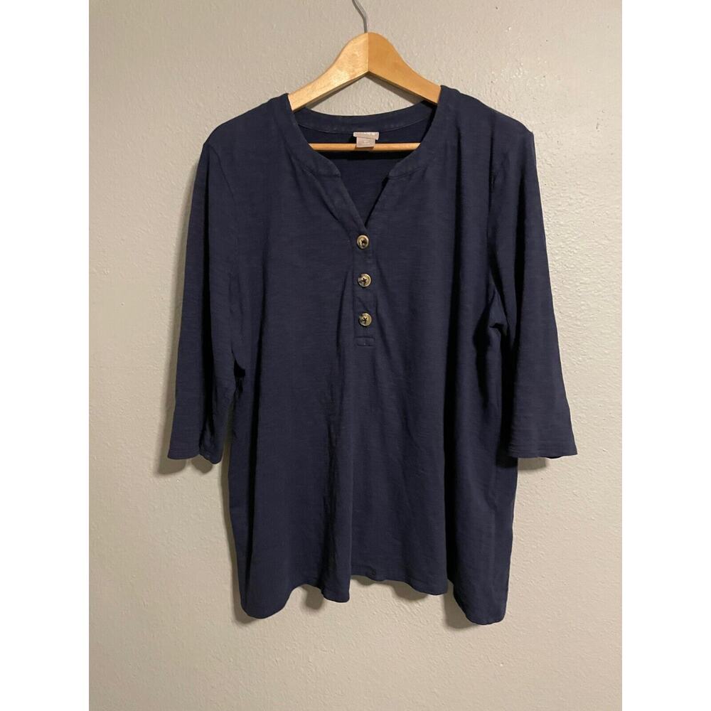 Chicos Women Top Size 3P US Petite XL Navy Modal Blend Popover 3/4 Sleeve Casual